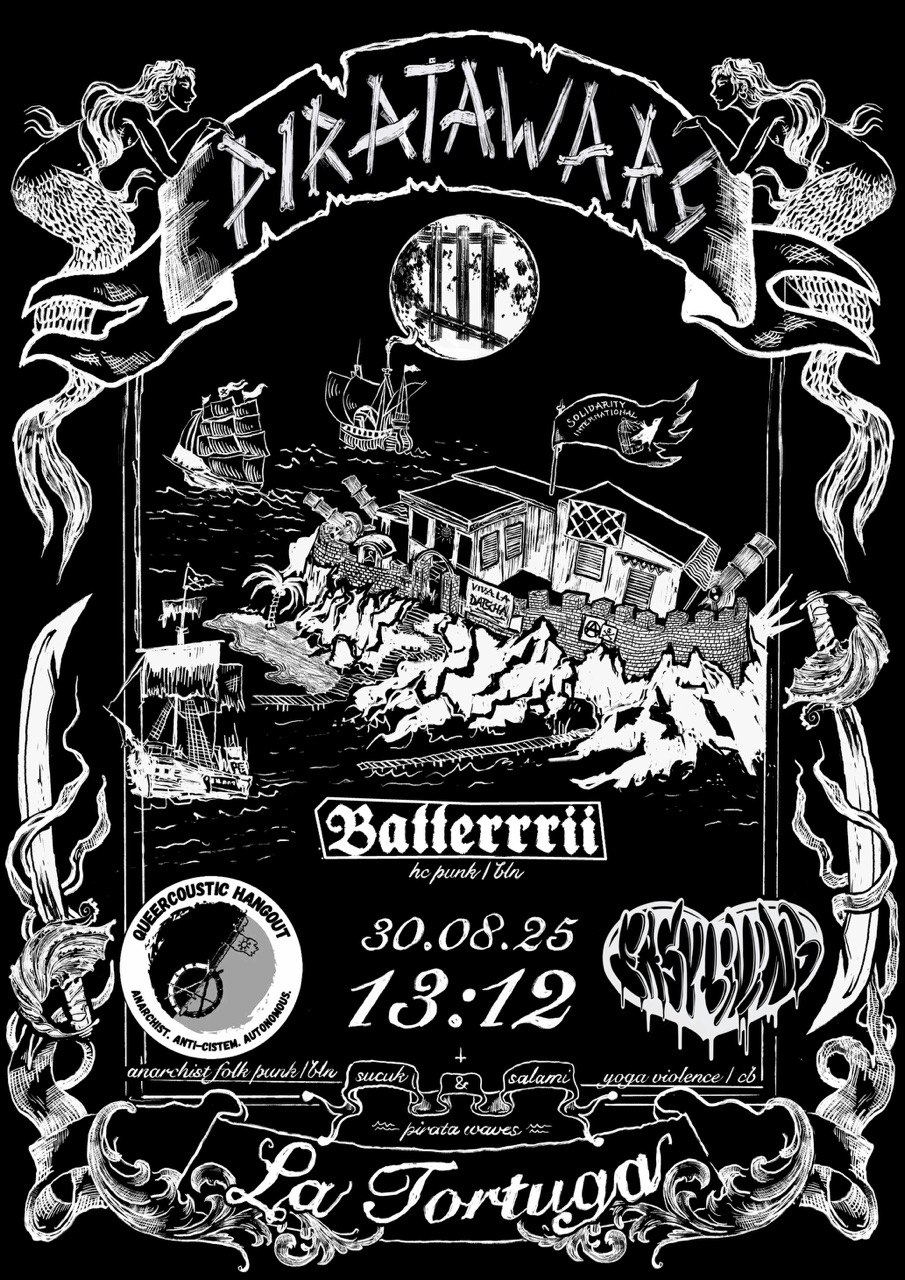 black and white poster with an island in the middle and ships sailing around, pirate style, Pirata wars on top and swords as a frame