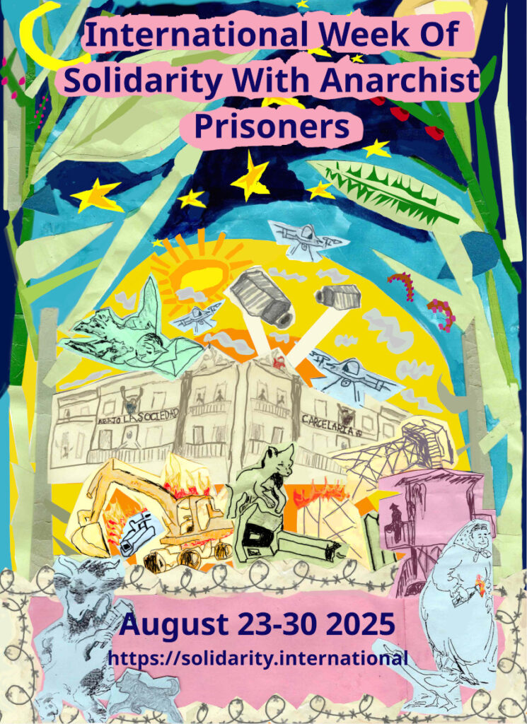 paper collage with expressive colors, showing a prison in the middle, where people are protesting from inside, outside are different characters who are also protesting and taking actions against the prison