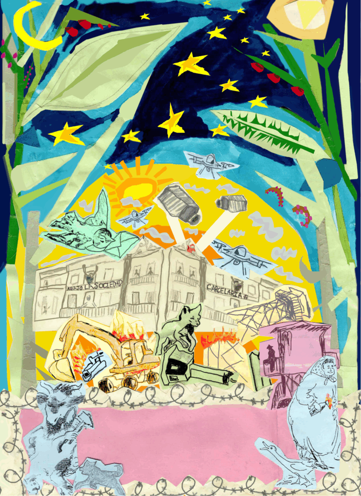 paper collage with expressive colors,different charakter attack the prison, people inside the prison are also protesting