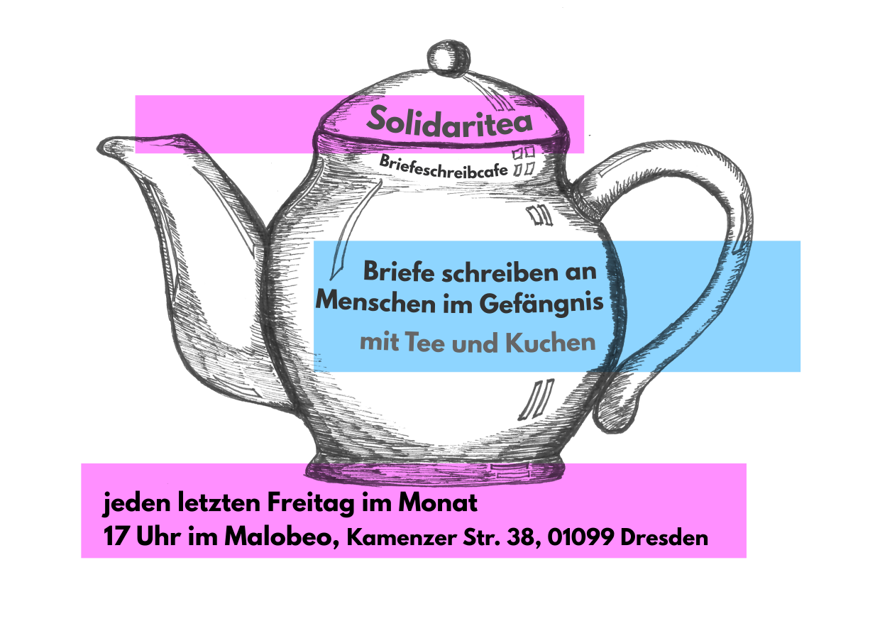 teapot hand drawn colorfull transparent boxes above with description solidaritea, letter writing with prisoners