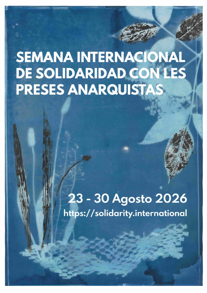 Cyanotype from different plants. Text:International Week of Solidarity with Anarchist Prisoner 2026 August 23-30, 2026 https://solidarity.international