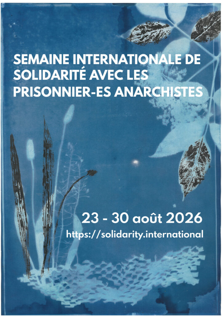 Cyanotype from different plants. Text:International Week of Solidarity with Anarchist Prisoner 2026 August 23-30, 2026 https://solidarity.international