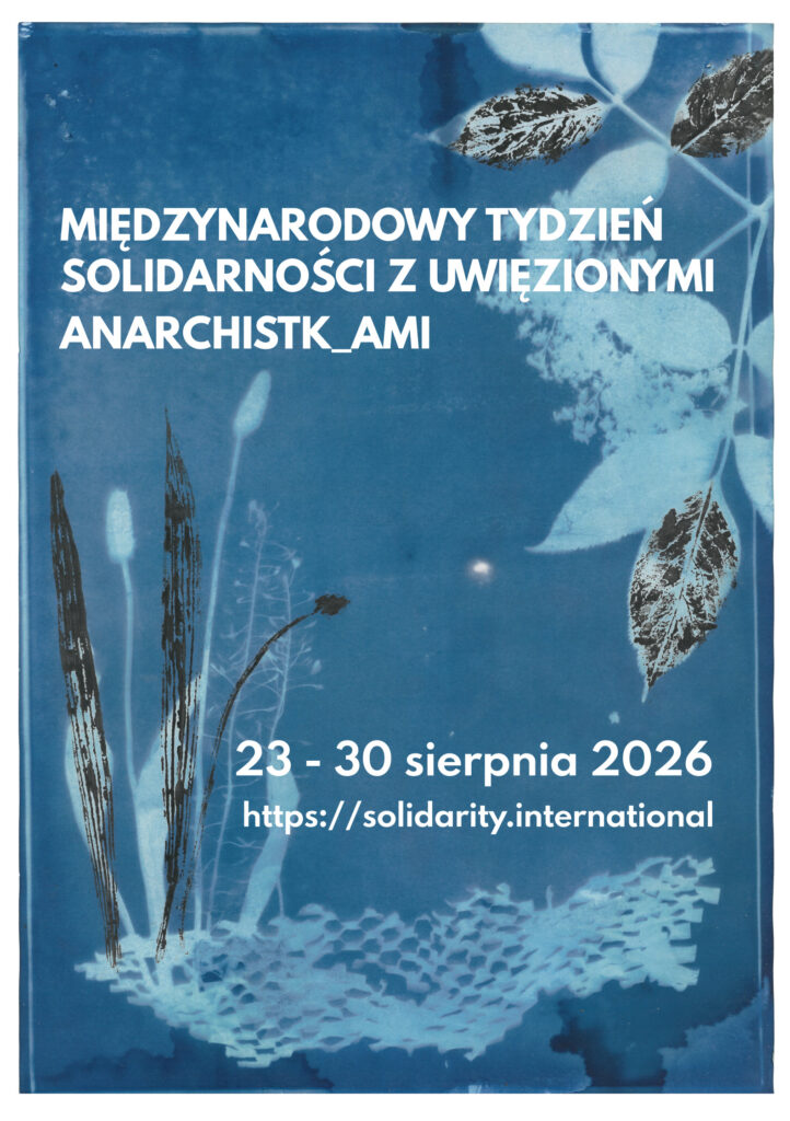 Cyanotype from different plants. Text:International Week of Solidarity with Anarchist Prisoner 2026 August 23-30, 2026 https://solidarity.international