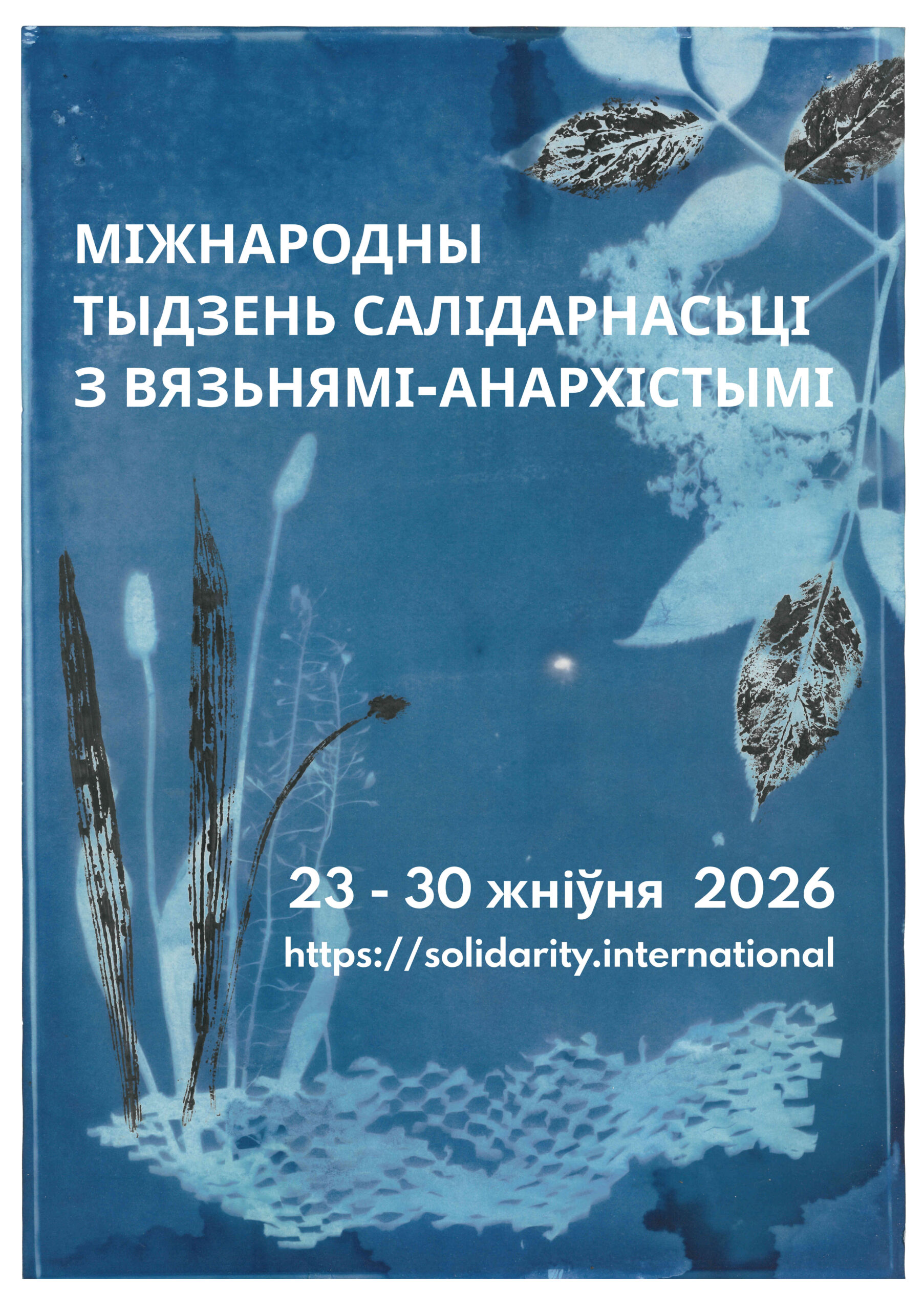 Cyanotype from different plants.
Text:International Week of Solidarity with Anarchist Prisoner 2026
August 23-30, 2026
https://solidarity.international